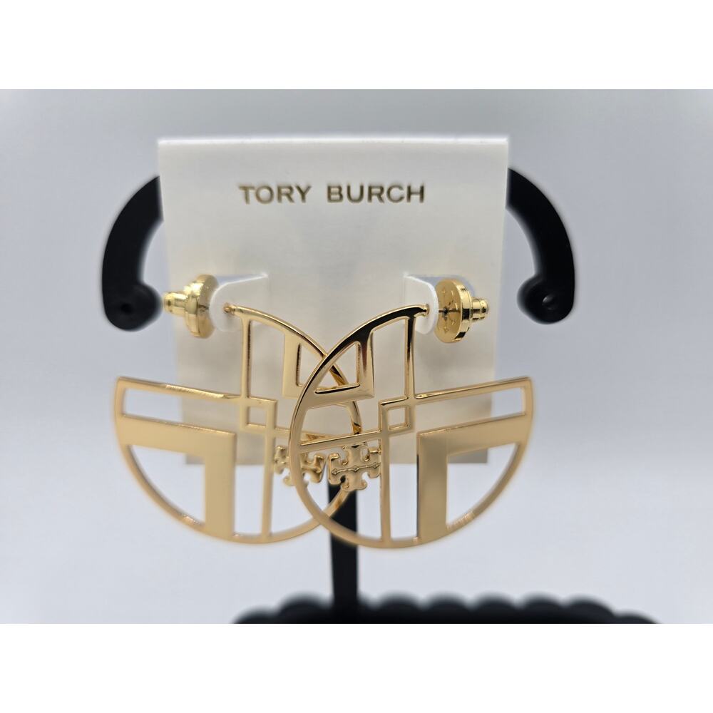 Tory Burch Miller Chevron Cut Out Logo Large Hoop Earrings Gold Tone - NWOT